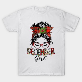 Messy Bun December Girl Christmas Lights Birthday T-Shirt